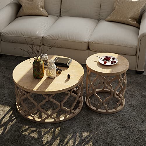 Round Natural Farmhouse Coffee Table with Curved Frame