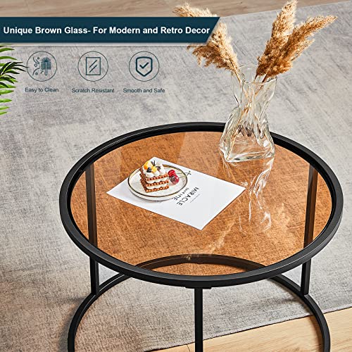 Round Glass Coffee Table with Metal Frame, Modern