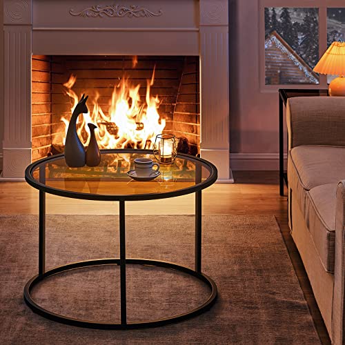 Round Glass Coffee Table with Metal Frame, Modern