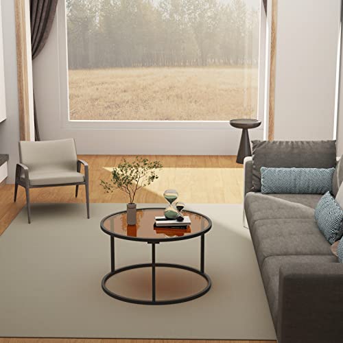 Round Glass Coffee Table with Metal Frame, Modern