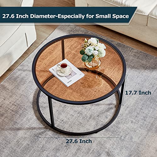 Round Glass Coffee Table with Metal Frame, Modern