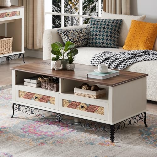 Boho 48" Coffee Table with Sliding Drawers, Vintage White
