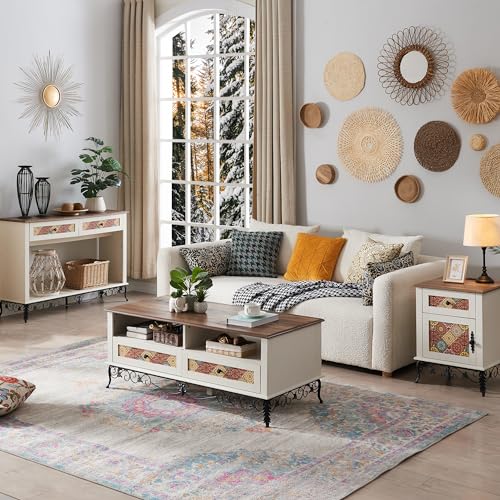 Boho 48" Coffee Table with Sliding Drawers, Vintage White