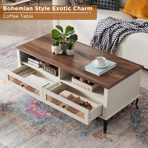 Boho 48" Coffee Table with Sliding Drawers, Vintage White