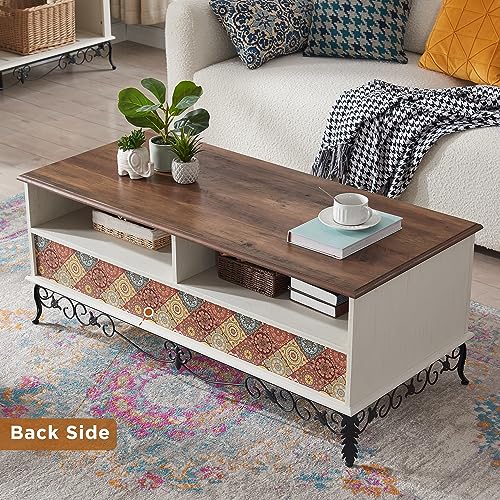 Boho 48" Coffee Table with Sliding Drawers, Vintage White