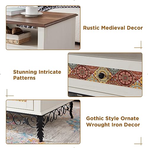 Boho 48" Coffee Table with Sliding Drawers, Vintage White