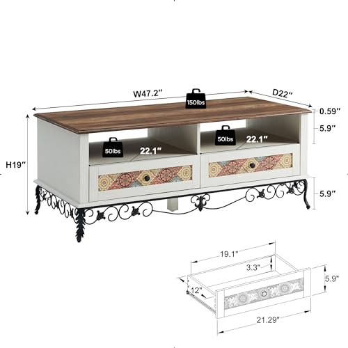 Boho 48" Coffee Table with Sliding Drawers, Vintage White