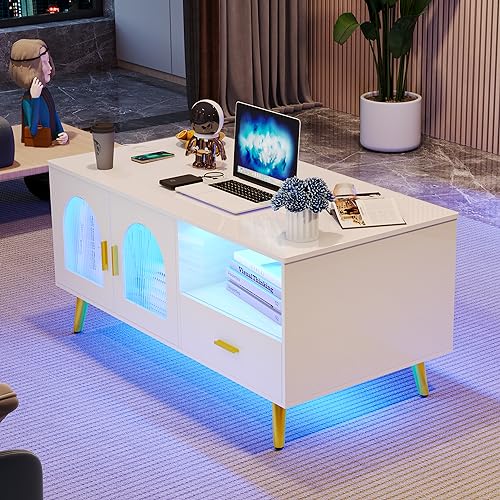 Glossy White LED Coffee Table with Charging Station