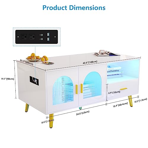 Glossy White LED Coffee Table with Charging Station