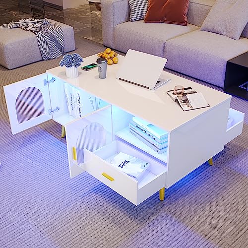 Glossy White LED Coffee Table with Charging Station