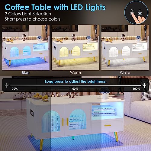 Glossy White LED Coffee Table with Charging Station