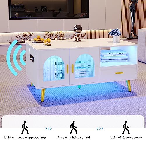 Glossy White LED Coffee Table with Charging Station