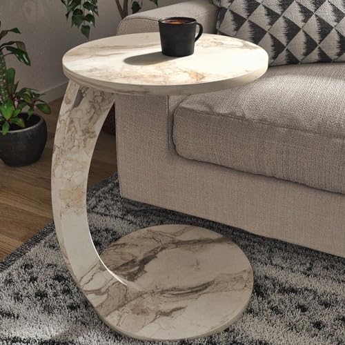 Faux Marble C-Shaped Coffee Table with Wheels, White