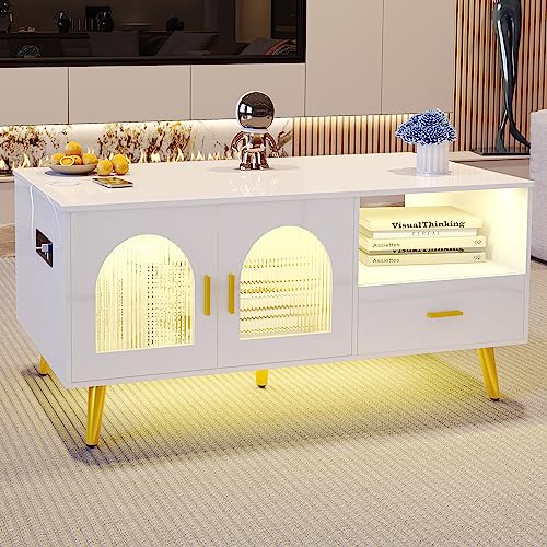 Glossy White LED Coffee Table with Charging Station