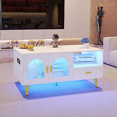 Glossy White LED Coffee Table with Charging Station