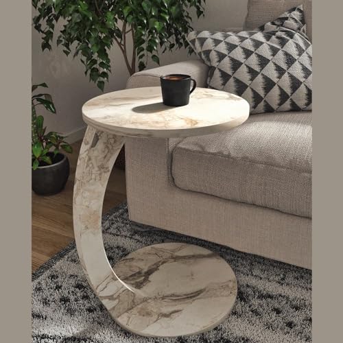 Faux Marble C-Shaped Coffee Table with Wheels, White