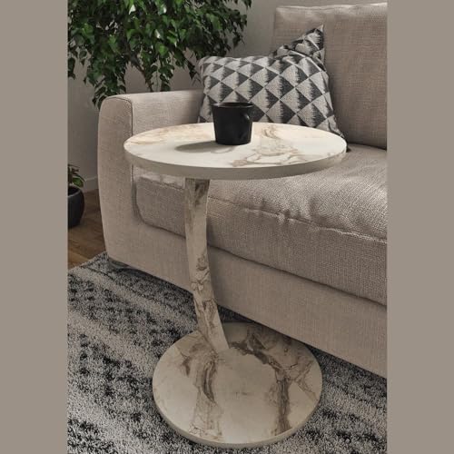 Faux Marble C-Shaped Coffee Table with Wheels, White