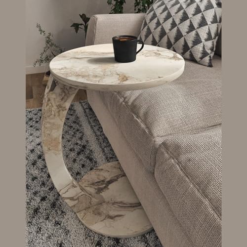 Faux Marble C-Shaped Coffee Table with Wheels, White