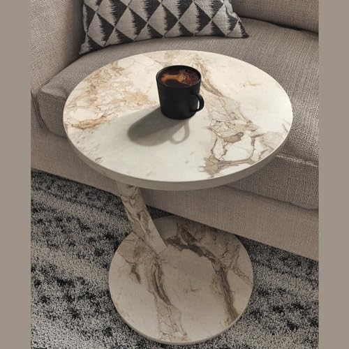 Faux Marble C-Shaped Coffee Table with Wheels, White