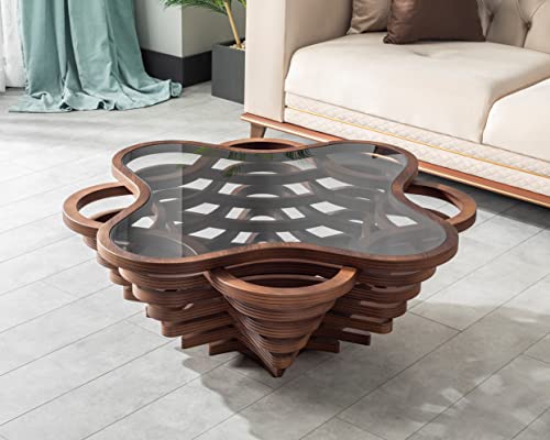 Papella Design Walnut Veener Coffee Table, Rustic Glass
