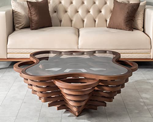 Papella Design Walnut Veener Coffee Table, Rustic Glass