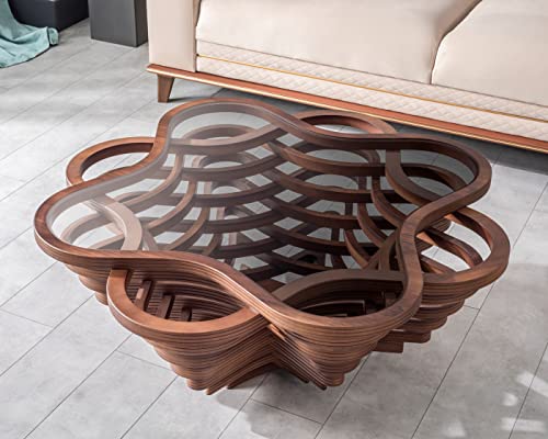 Papella Design Walnut Veener Coffee Table, Rustic Glass
