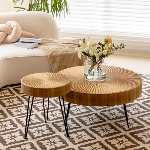 2-Piece Modern Farmhouse Coffee Table Set, Round Natural