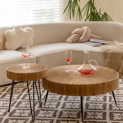 2-Piece Modern Farmhouse Coffee Table Set, Round Natural