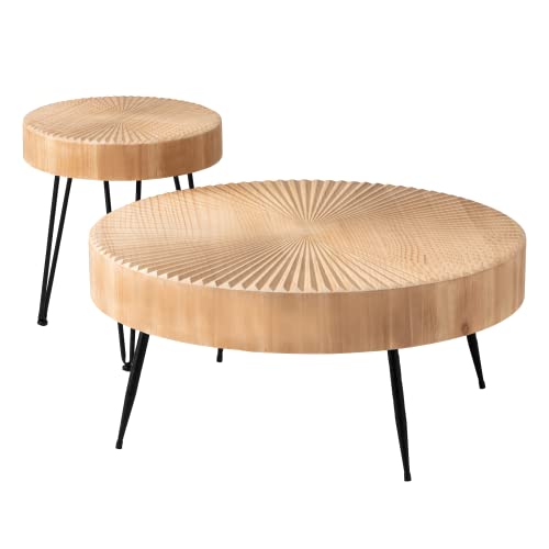 2-Piece Modern Farmhouse Coffee Table Set, Round Natural