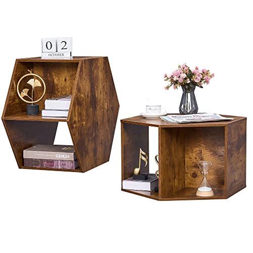 Set of 2 Natural Wood Coffee Tables, Hexagonal Shape