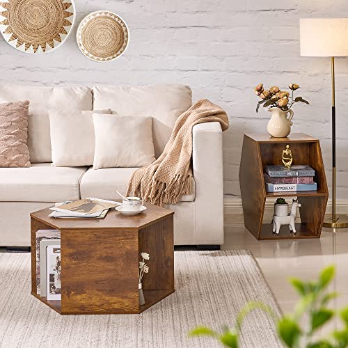 Set of 2 Natural Wood Coffee Tables, Hexagonal Shape