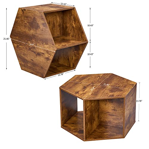Set of 2 Natural Wood Coffee Tables, Hexagonal Shape