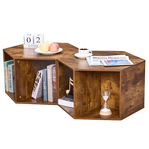 Set of 2 Natural Wood Coffee Tables, Hexagonal Shape