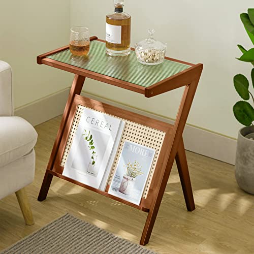 Boho Rattan End Table with Glass Top Coffee Table