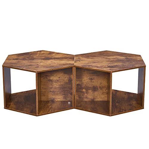 Set of 2 Natural Wood Coffee Tables, Hexagonal Shape