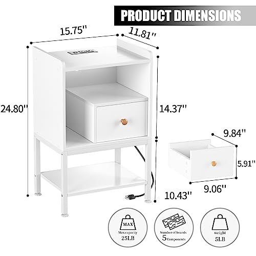 Modern White Nightstand with Charging Station and USB Ports