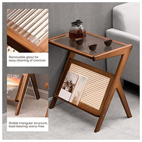 Boho Rattan End Table with Glass Top Coffee Table