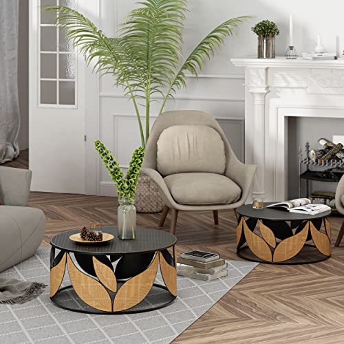 Modern Black Round Nesting Coffee Table Set - Fully Assembled