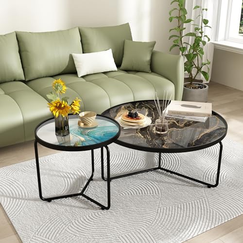 Abstract Round Glass Coffee Table Set of 2, Modern