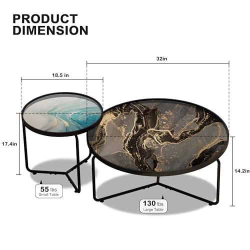 Abstract Round Glass Coffee Table Set of 2, Modern