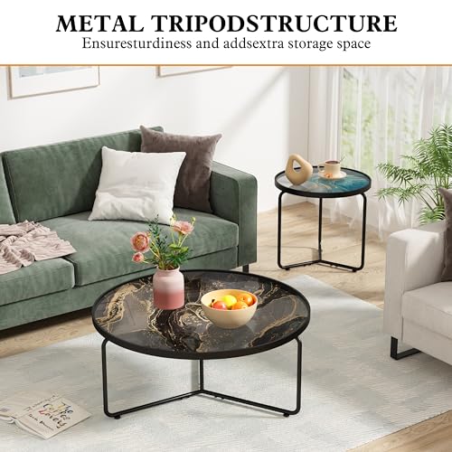 Abstract Round Glass Coffee Table Set of 2, Modern