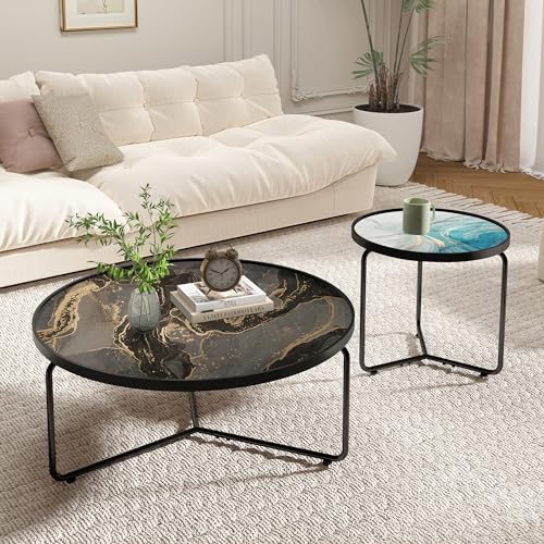 Abstract Round Glass Coffee Table Set of 2, Modern