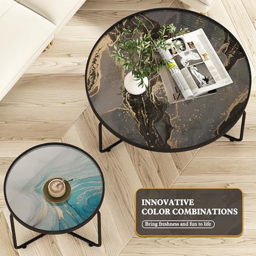 Abstract Round Glass Coffee Table Set of 2, Modern