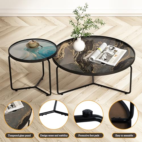 Abstract Round Glass Coffee Table Set of 2, Modern