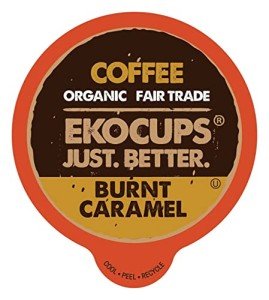 EKOCUPS Organic Burnt Caramel Flavored Coffee Pods, Extra 30% More Coffee Per Cup, Artisan Fair Trade Dark Roast, Carmel Coffee for Keurig K Cup Machines, Recyclable Pods, 40 Count