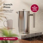 MuellerLiving French Press Coffee Maker, 34 oz, Stainless Steel, 4 Filters, Double Insulated, Rust-Free, Dishwasher Safe