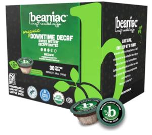 beaniac Organic Downtime Decaf Swiss Water Decaffeinated, Medium Roast, Single Serve Compostable K Cup Coffee Pods, Organic Arabica Coffee, Keurig Brewer Compatible, 30 Count