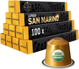 ‘San Marino’ Organic Italian Lungo for Nespresso | 100 USDA Organic Aluminum Capsules | Eco-Friendly Medium Roast | 100% Nespresso Compatible Pods | Fairtrade