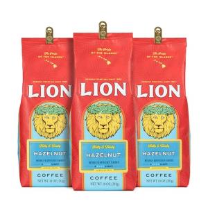 Lion Coffee 3-Pack Hazelnut Flavored Ground Coffee, Light Roast, A Taste of Aloha - 10 Ounce Bags (Pack of Three)