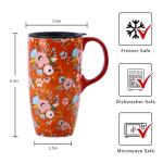 Voltogar Ceramic Travel Mug with Lid, 17oz, Orange Flowers